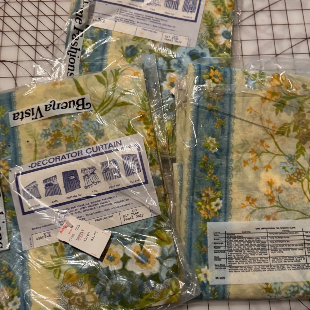Vintage Buena Vista Floral Curtain Panels 81" Tier Blue Yellow Green Lot of 3